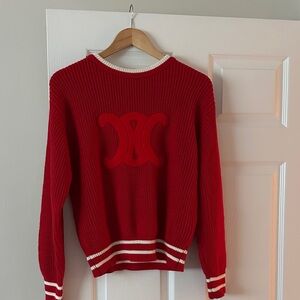 Celine Red Crew Neck Sweater with Logo